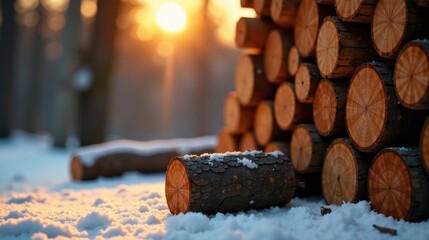 Poster - Winter Sunset A Single Log Rests in the Snow Near a Stack of Wooden Logs at Golden Hour