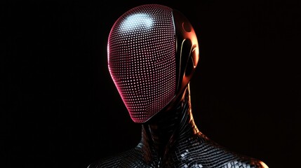 Poster - robotics concept with head of robot mannequin overtightened with glowing mesh on dark blank backgrou