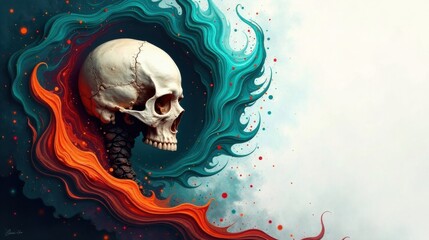 Aufkleber - Abstract Skull in Teal and Orange Swirls A Contemplative Composition of Mortality and Transformation