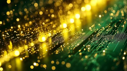 Leinwandbilder - Experience a dazzling cascade of golden lights streaming over intricate green circuit patterns. This video captures the synergy of light and technology in an awe-inspiring visual symphony.
