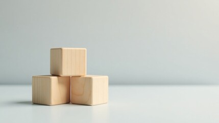 Poster - Unbleached Wooden Cubes Stacked on a Pale Surface Against a Light Background