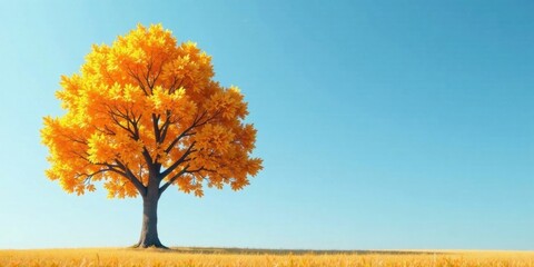 Poster - Golden autumn tree in a sunlit field under a clear blue sky