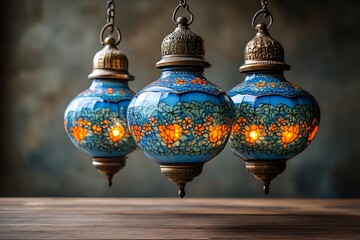 Blue Floral Turkish Lanterns: Illuminated Elegance in Warm Ambient Light