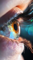 Poster - Extreme close up of an eye undergoing a futuristic vision procedure, showcasing intricate details of the digital iris and eyelid, highlighting advancements in ophthalmology and cosmetic surgery
