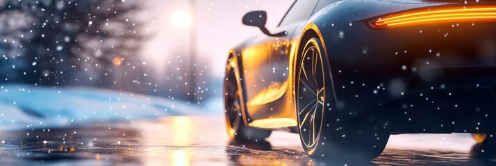 Poster - Modern sports car driving on a snowy road at sunset, with snowflakes falling and reflecting on the wet asphalt, creating a winter driving scene