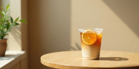 Poster - Refreshing Iced Tea with Lemon Slice on Wooden Table in Sunlight