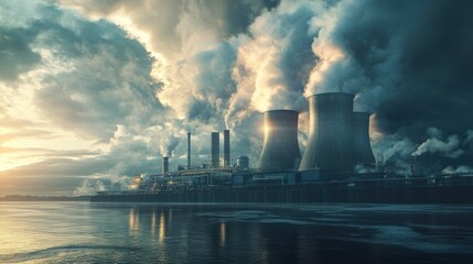 Poster - High tech power plant with advanced cooling towers and industrial equipment, showcasing intricate piping and machinery under dramatic sky