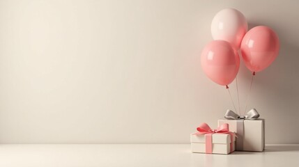 Poster - Elegant Gift Boxes and Pastel Balloons on a White Surface