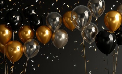 Wall Mural - Elegant black gold and silver balloons with confetti on a dark background balloon background balloon background party holiday celebration decoration