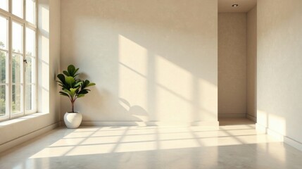 Poster - Sunlit Minimalist Interior Room with Potted Plant and Large Window