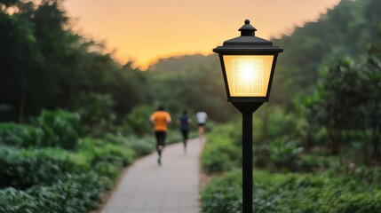  A solar-powered streetlamp glowing warmly while joggers run on a lush green pathway at sunset