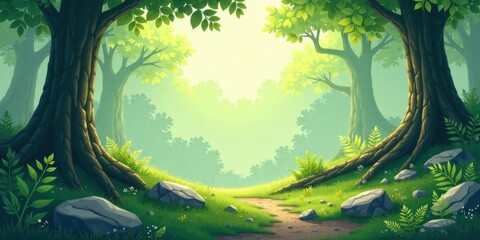 Poster - Serene Pathway Through a Lush, Sun-Dappled Forest, Enchanting Green Canopy and Tranquil Meadow Scene