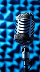 Poster - Classic microphone stands ready for a singer, podcaster, or voiceover artist in a professional recording studio, enhanced by blue acoustic panels ensuring high quality sound