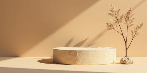 Poster - Cream-colored cylindrical pedestal with dried plant arrangement, sunlit minimalist studio setting