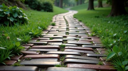 Aufkleber - A Serene Brick Path Meandering Through Lush Green Meadow, Inviting Exploration and Tranquility