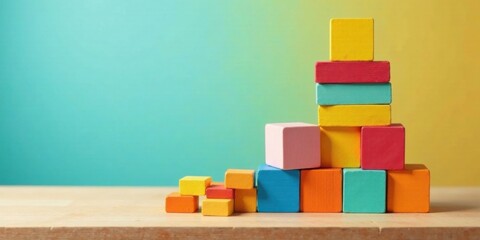 Poster - Colorful Wooden Blocks Arranged in Ascending Order on a Table Against a Gradient Background