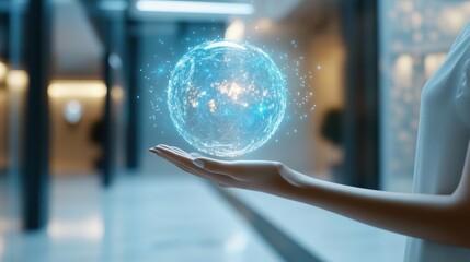 Poster - hand holding abstract hr hologram on blurry interior background. human resources and media concept. 