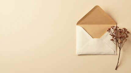 Poster - Elegant cream envelope with gold inner liner and dried floral sprig on beige background