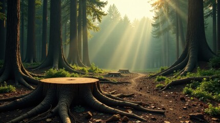 Poster - Sunbeams Illuminate Ancient Forest Path, Revealing Majestic Tree Stumps and Exposed Roots