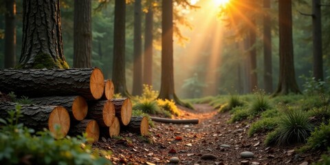 Aufkleber - Golden sunlight streams through a dense forest, illuminating a pile of neatly stacked logs beside a tranquil path