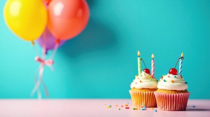 Poster - Festive Birthday Cupcakes with Colorful Balloons and Sprinkles on a Pink Surface