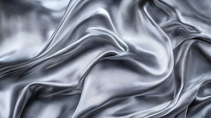 Wall Mural - Silver texture of silk fabric with folds. Smooth, elegant gray silk. Satin texture as background. Wavy silk background texture