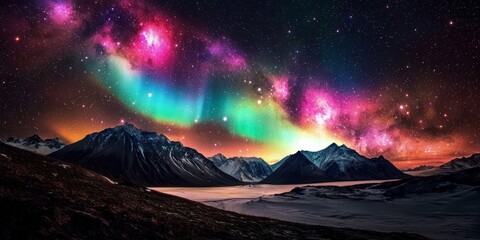 Wall Mural - Stunning Galaxies and Northern Lights Over Majestic Mountains