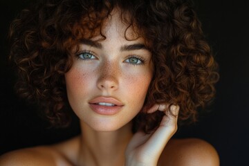 Wall Mural - Close-up portrait of a woman with freckles on her face, suitable for use in personal or editorial projects