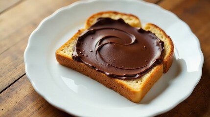 Poster - A single slice of toasted bread topped with a generous swirl of rich, creamy chocolate spread, presented on a simple white plate, resting on a rustic wooden surface.