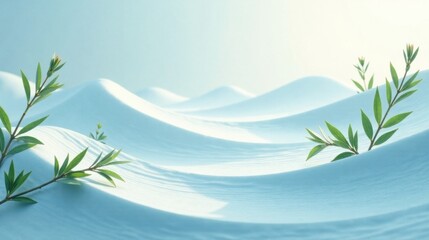 Aufkleber - Serene Landscape Gentle undulations of a pale blue surface adorned with vibrant green sprigs, evoking a sense of tranquility and natural beauty.