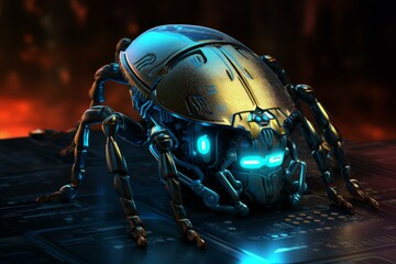 Poster - Mechanical insect robot with glowing neon lights crawling on a circuit board in a futuristic, dystopian setting