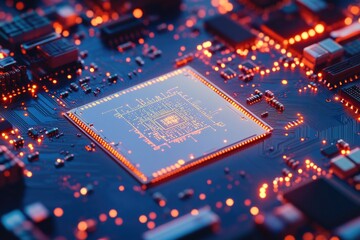 Poster - A detailed view of a microprocessor on a printed circuit board, suitable for technology and innovation-related uses