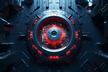Poster - Glowing red eye watching from a spaceship control panel with cyberpunk aesthetics and futuristic technology