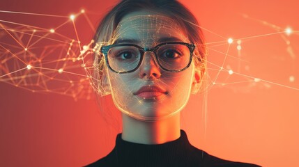 Aufkleber - Biometric facial scan maps a woman's facial features, creating a network of interconnected nodes, highlighting advanced technology in security, recognition, and cosmetology