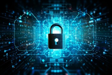 Poster - Secure data transmission concept with a closed padlock over a glowing blue circuit board, symbolizing cybersecurity and data protection