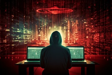 Poster - Hacker wearing a hoodie is programming on two laptops with binary code and digital data in the background