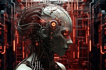 Poster - Advanced humanoid robot activating within complex technological environment, showcasing artificial intelligence and futuristic robotics