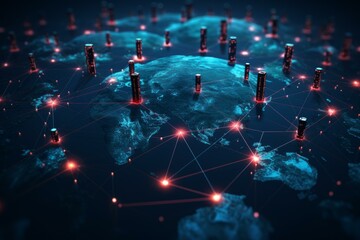 Fototapete - Futuristic servers spread around the globe are interconnected, transferring data through red glowing lines, symbolizing global connectivity