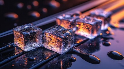 Poster - Glowing ice cubes melting on dark surface, bokeh background, drink advertisement