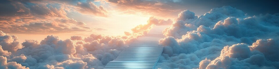 Wall Mural - endless white marble staircase leading upward into ethereal light. surrounded by glowing clouds, it 