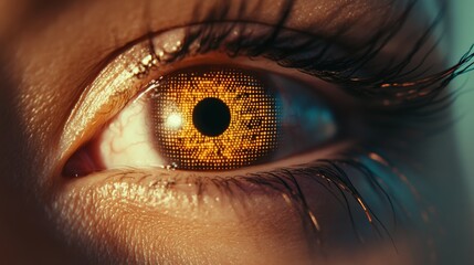 Poster - Close up of a woman's eye featuring a futuristic digital display projected onto her iris, showcasing the intersection of technology and biology