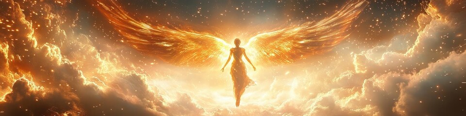 Wall Mural - angelic figure with glowing wings floats gracefully in shimmering light. radiant clouds fade into en