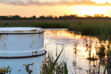 Wall Mural - a white barrel sits beside a body of water, potentially abandoned or forgotten