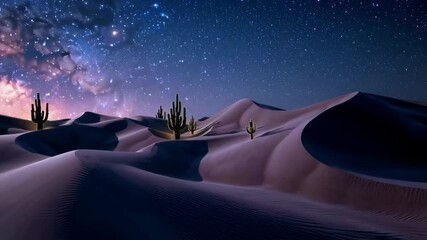 Poster - A desert scene where shifting sand dunes form geometric patterns and giant cacti emit a faint, magical glow at night.
