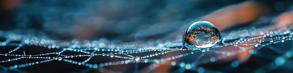 Close-up of a water droplet on a spider web reflecting its surroundings. Silky web strands glisten like silver threads against a dark, blurred background.