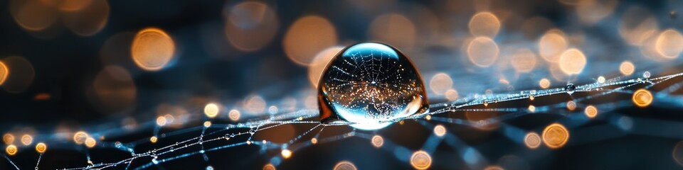  Close-up of a water droplet on a spider web reflecting its surroundings. Silky web strands glisten like silver threads against a dark, blurred background.