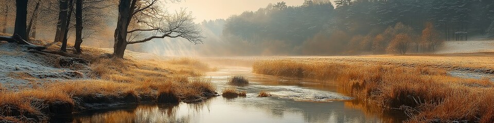 Wall Mural - crystal-clear river flowing through fields of white and gold. shimmering waters under soft light evo