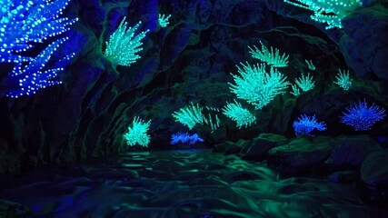 Poster - A bioluminescent cave with glowing crystals and an underground river reflecting shimmering light in shades of blue and green.

