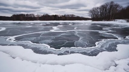 Poster - A frozen lake with intricate ice patterns and snow-covered edges, surrounded by a quiet, barren winter landscape.
