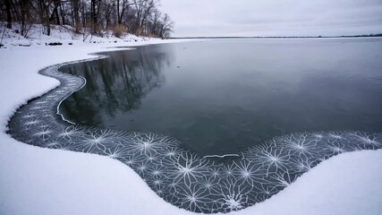 Poster - A frozen lake with intricate ice patterns and snow-covered edges, surrounded by a quiet, barren winter landscape.
